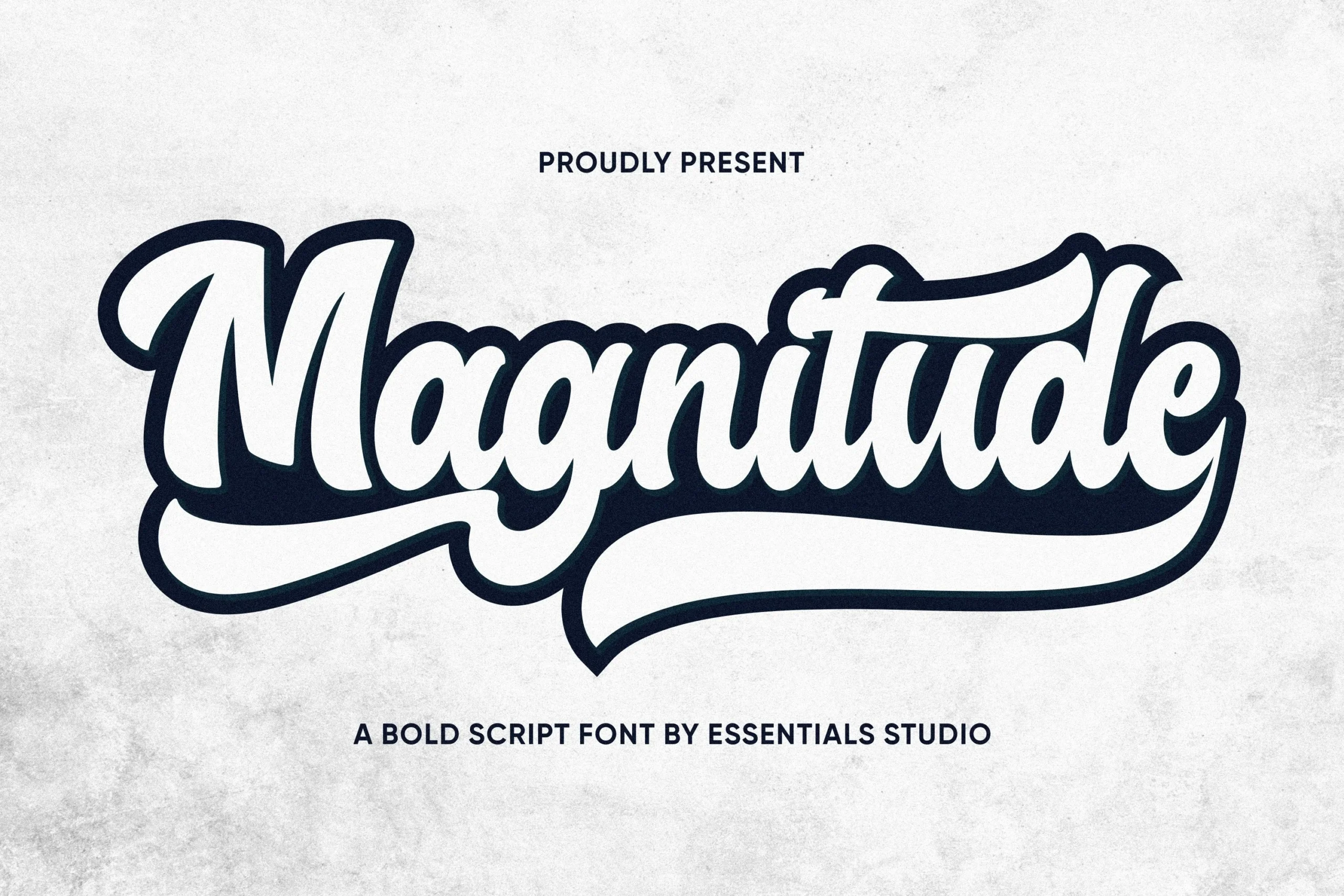 Magnitude Font preview with bold white script lettering, dark outline, and long underline swash