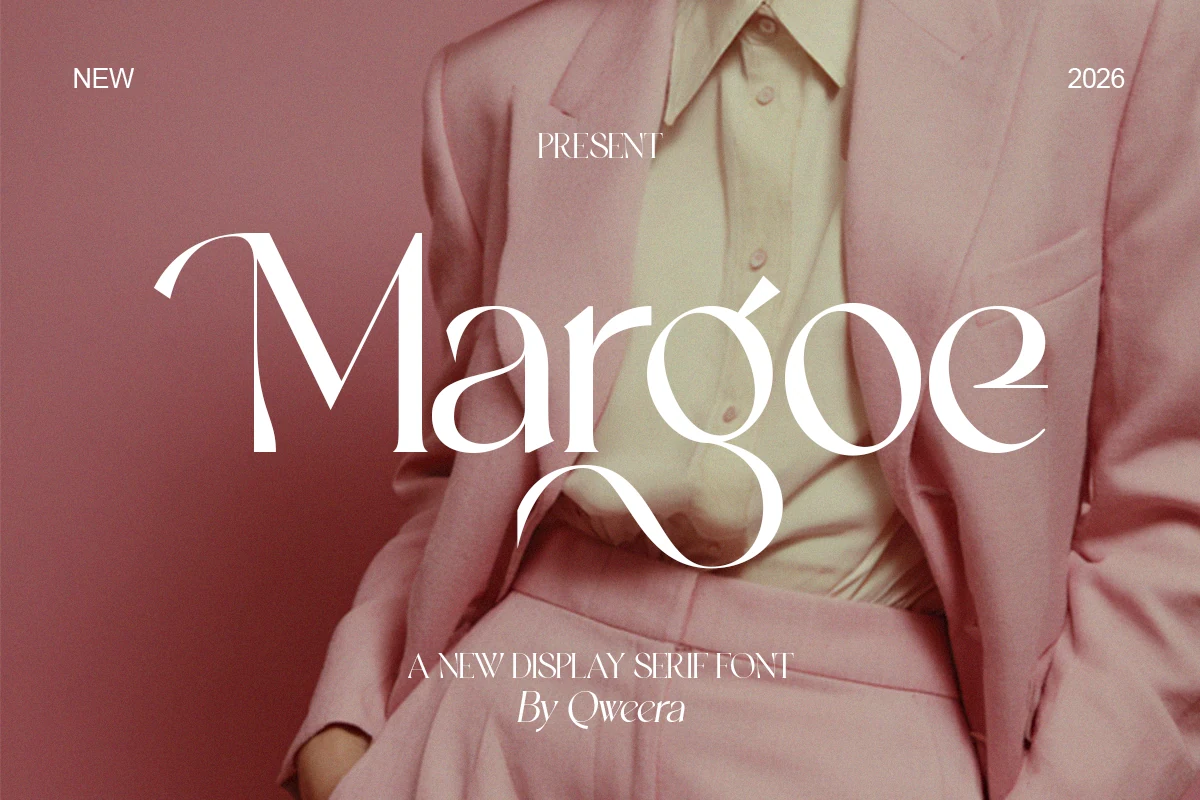Margoe Font preview with elegant white serif lettering, graceful curves, and a sweeping g descender