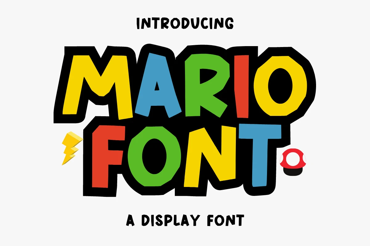 Mario Font preview with bold colorful angular display letters and black shadow