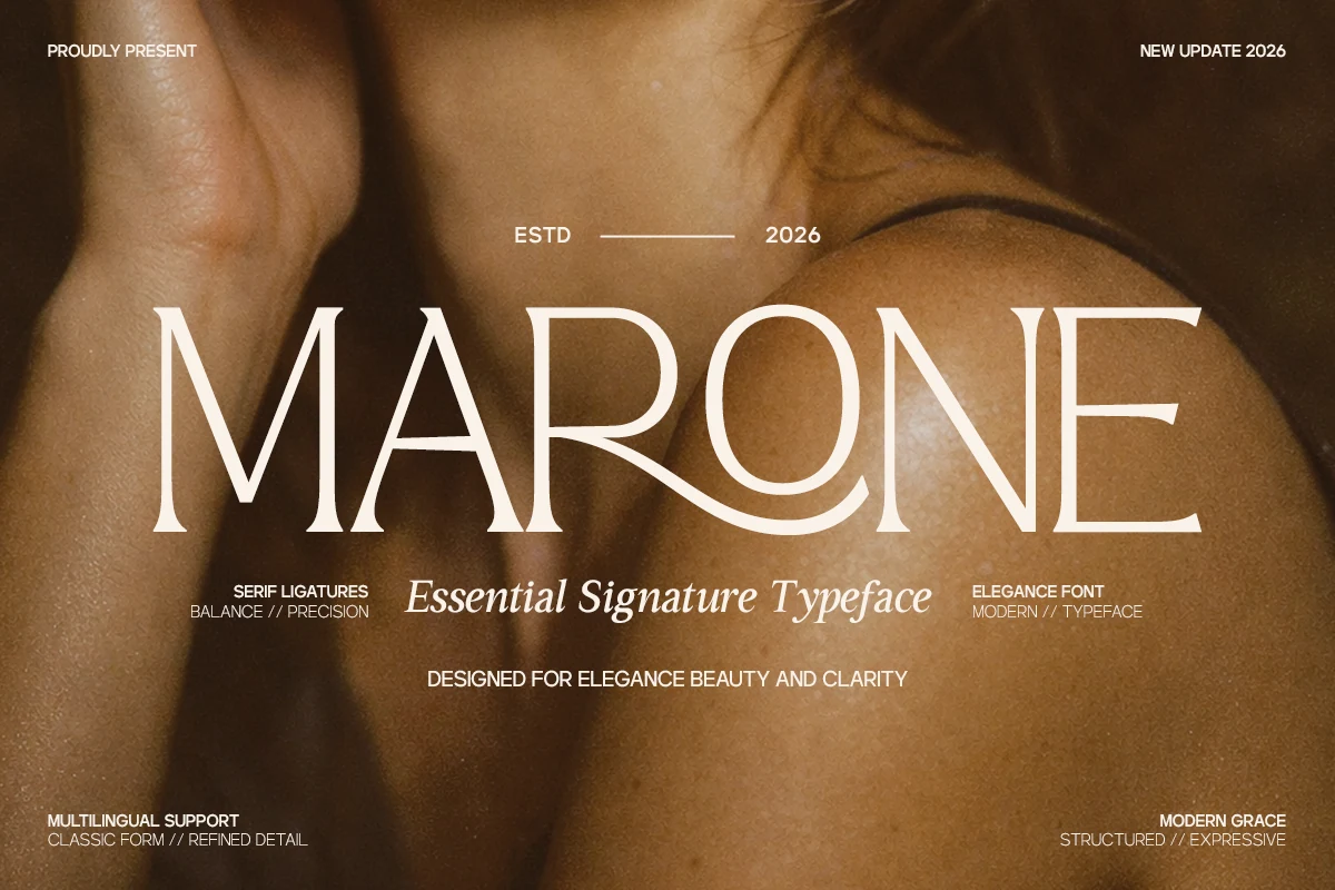 Marone Font preview with cream high-contrast serif lettering, thin strokes, and smooth curves