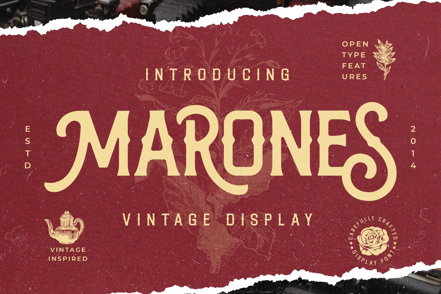 Marones Font preview with cream vintage display lettering, spurred serifs, and sweeping swash details