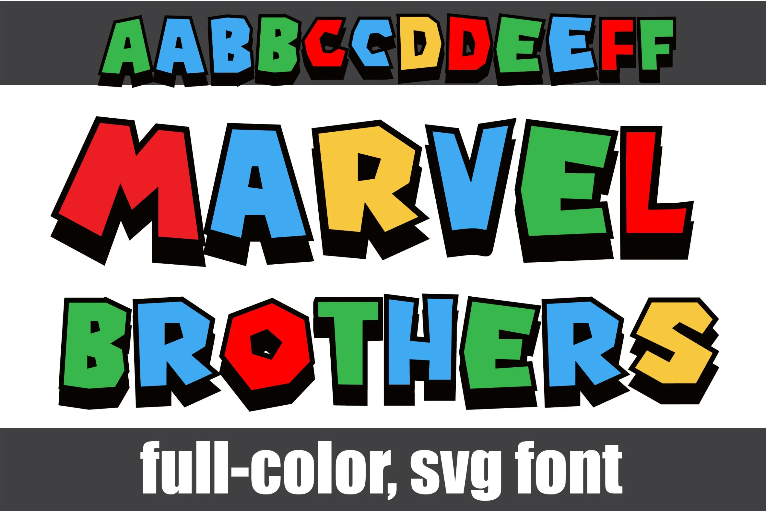 Marvel Brothers Font preview with chunky primary-color block letters and black shadow