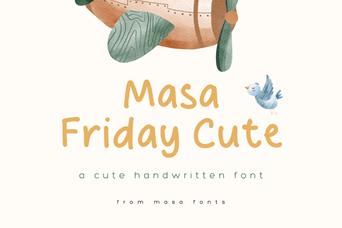 Masa Friday Cute Font preview with rounded mustard handwritten letters and a soft playful feel