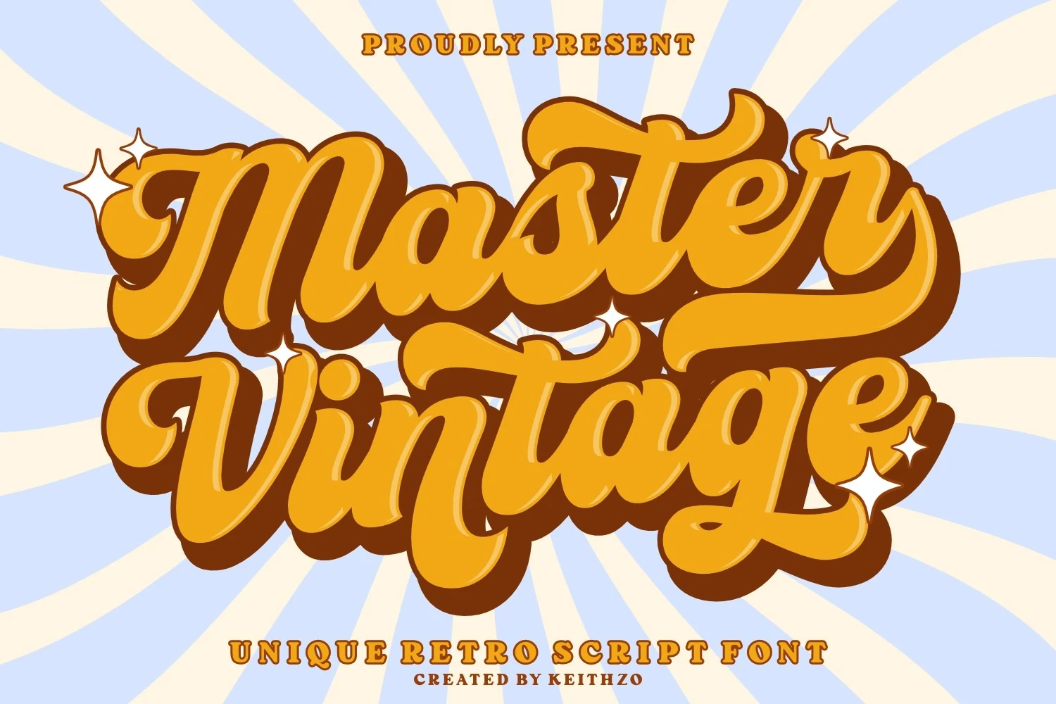 Master Vintage Font preview with bold orange retro script lettering and thick shadow