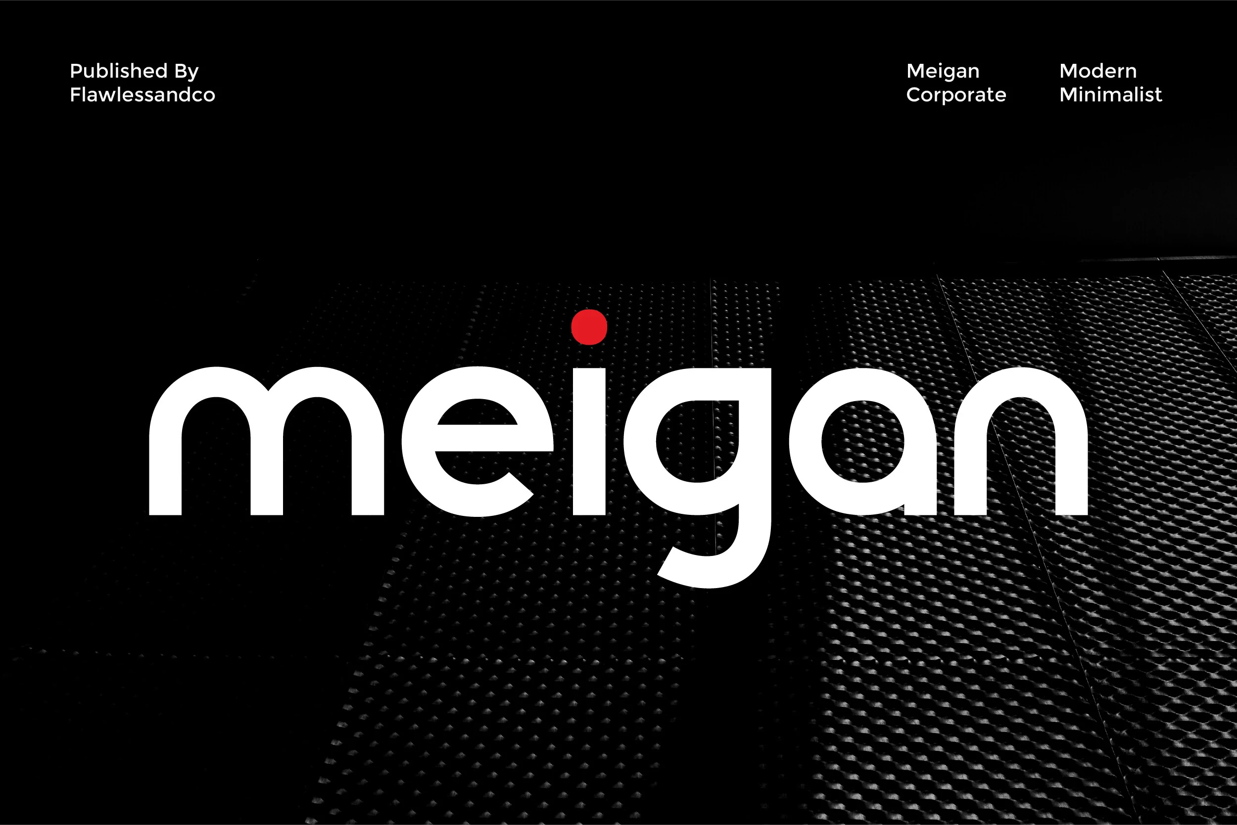 Meigan Font preview with bold rounded white sans serif lettering and red accent dot