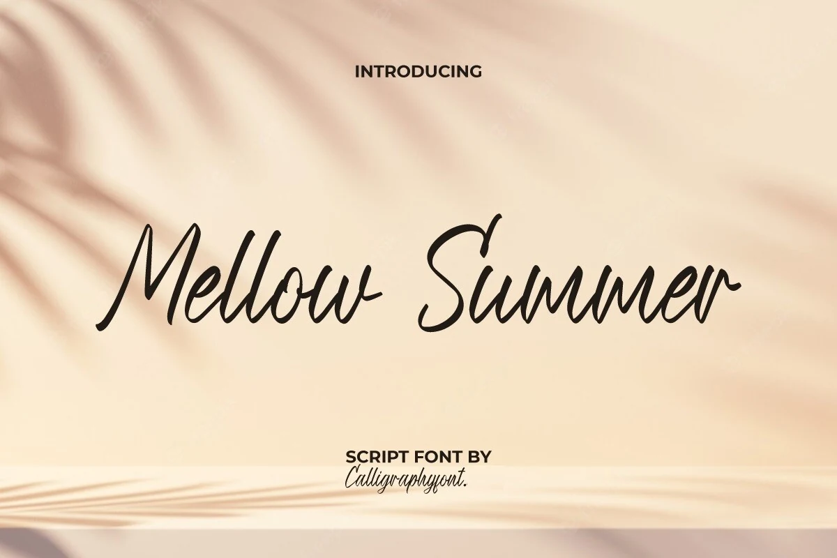 Mellow Summer Font preview in smooth black handwritten script with rounded strokes and a clean casual flow