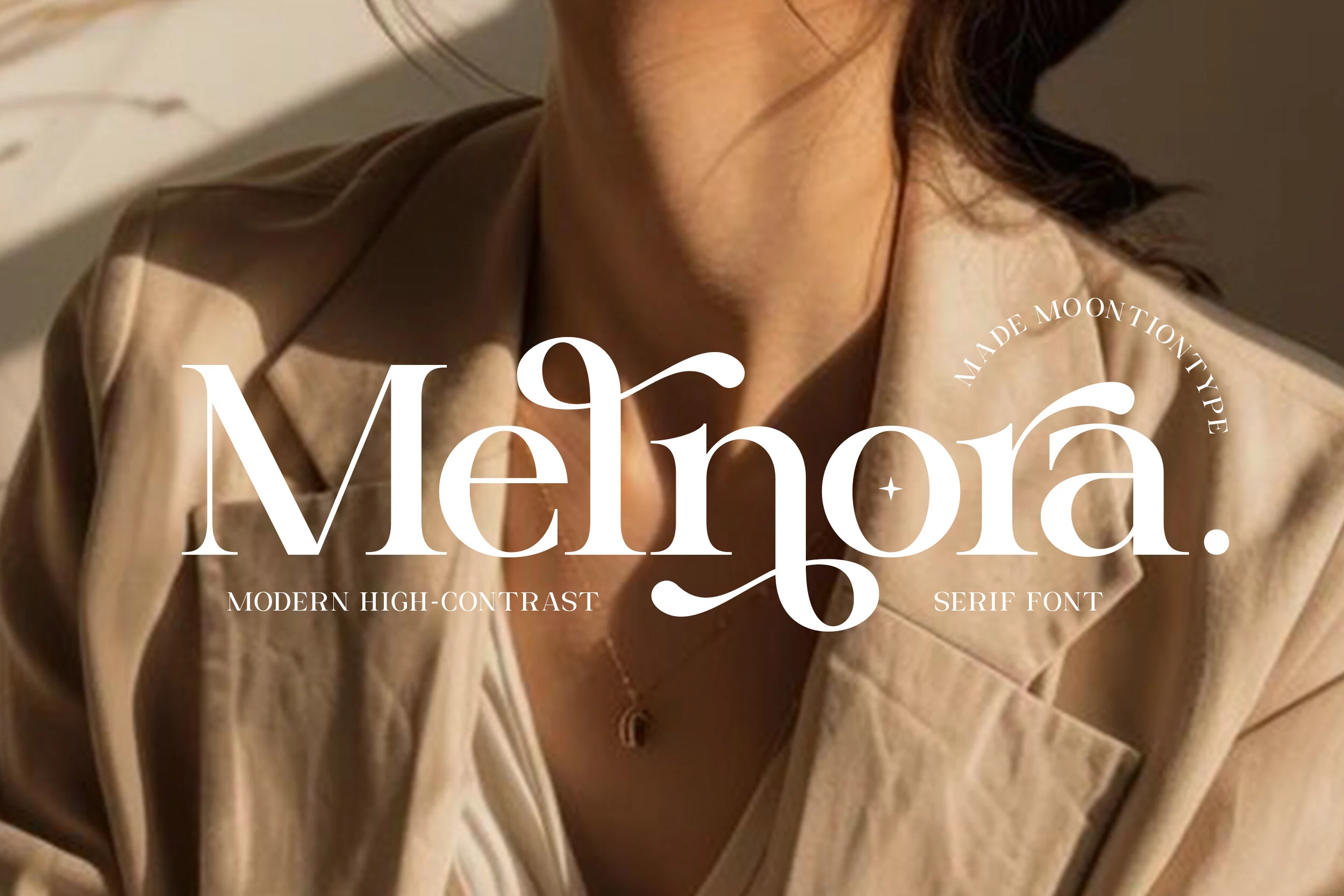 Melnora Font preview with modern high-contrast serif lettering and graceful swash curves