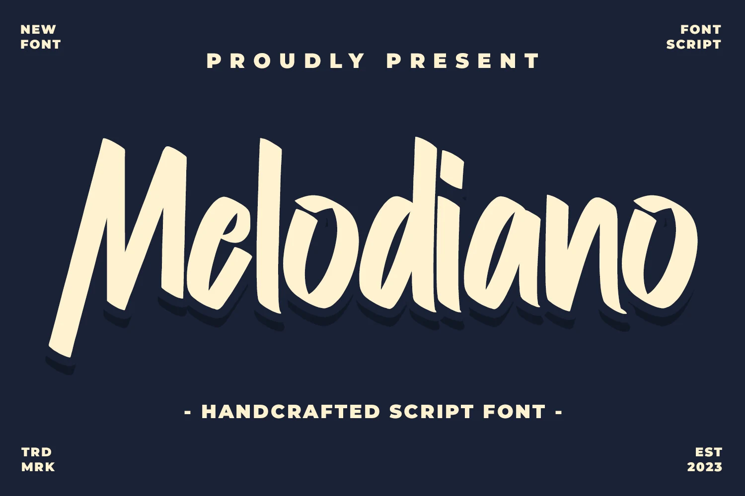 Melodiano Font preview with cream handcrafted script lettering, tall narrow strokes, and subtle shadow