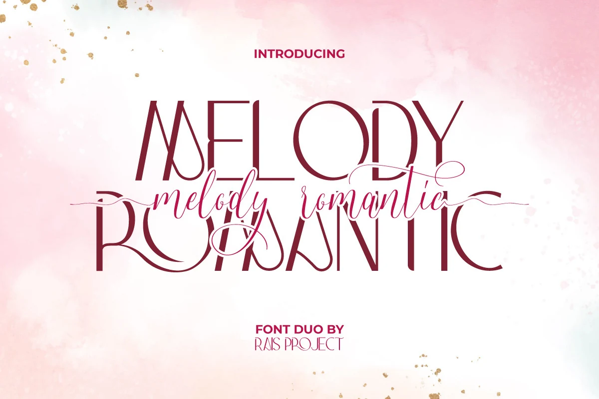 Melody Romantic Font preview with thin script lettering, long swashes, and tall decorative display letters