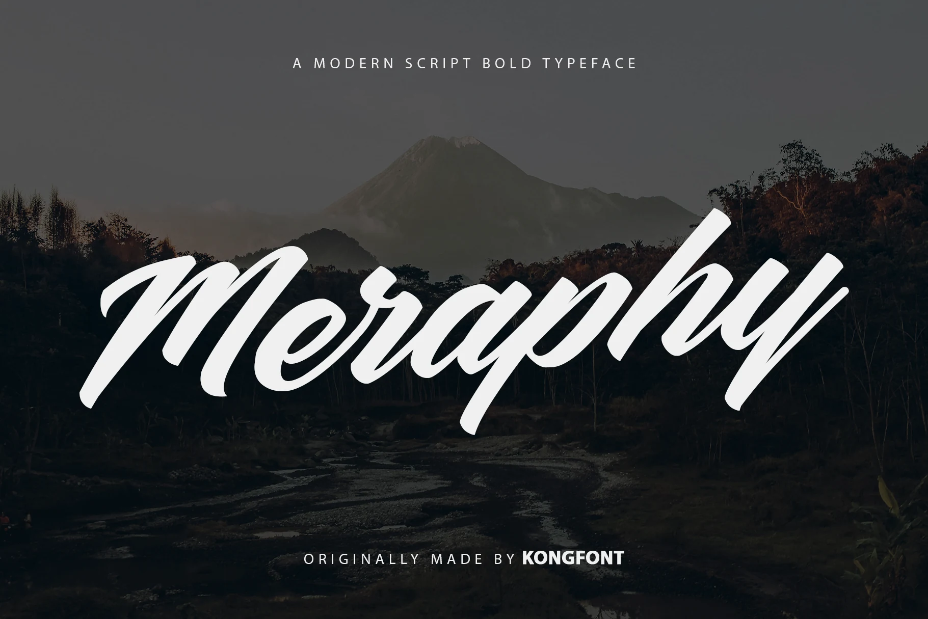 Meraphy Font preview in bold white slanted script lettering over a dark mountain landscape