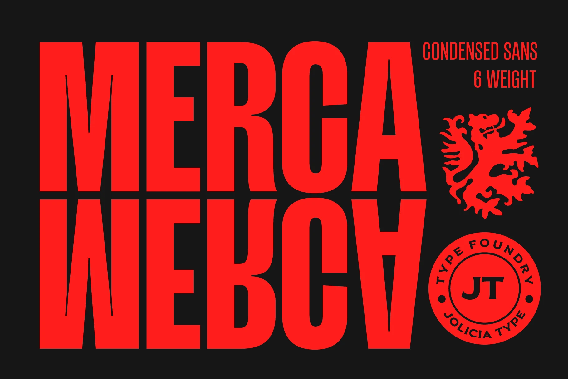 Merca Font preview with tall condensed red sans serif lettering