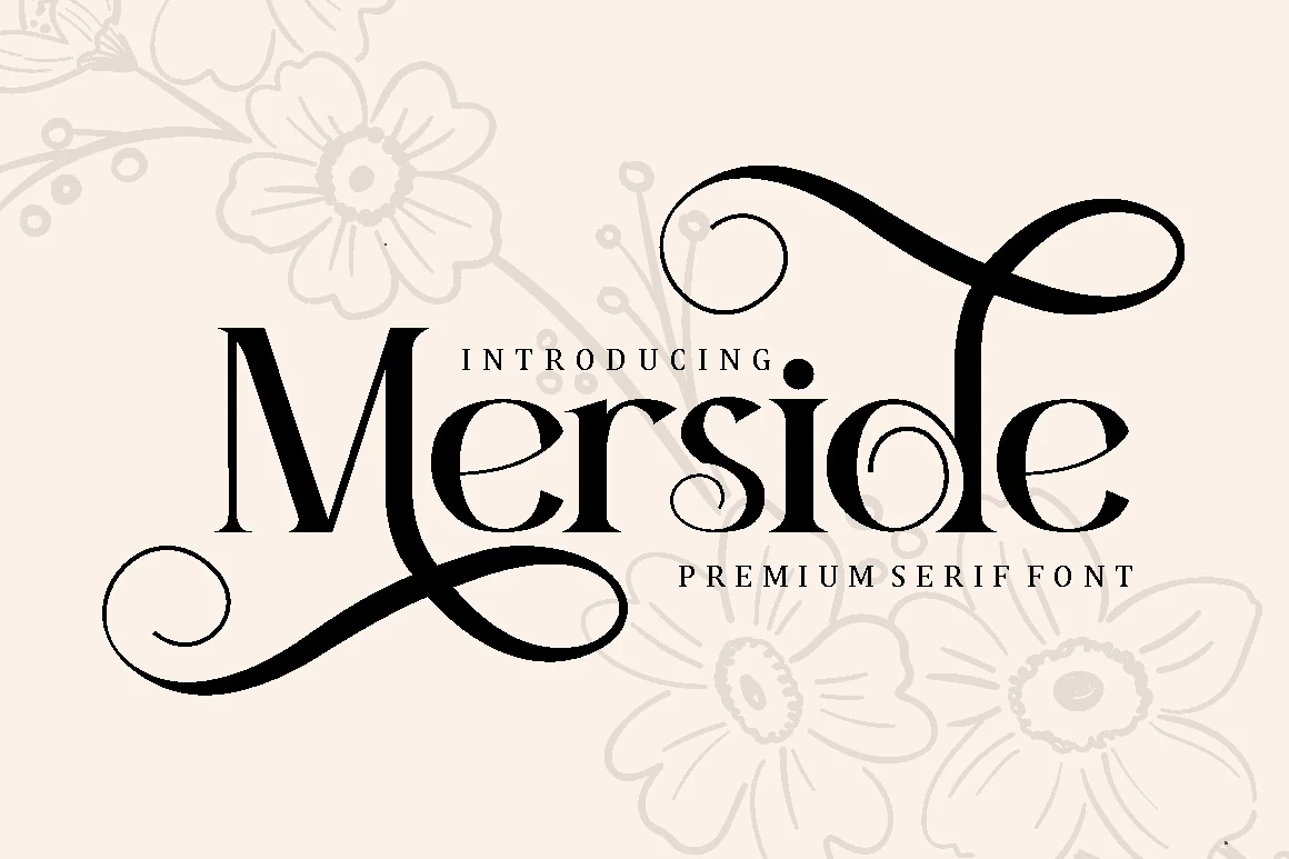 Merside Font preview with black ornamental serif lettering and long swashes
