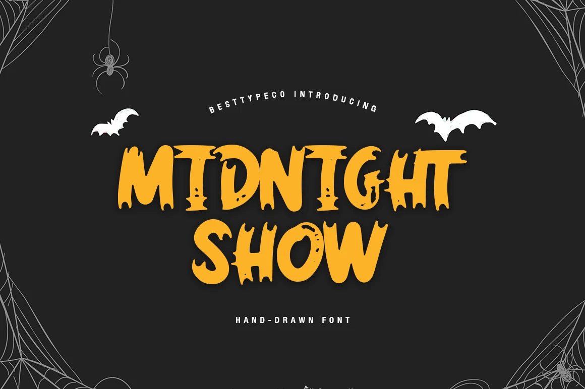 Midnight Show Font preview with bold orange dripping hand-drawn letters and distressed all-caps shapes