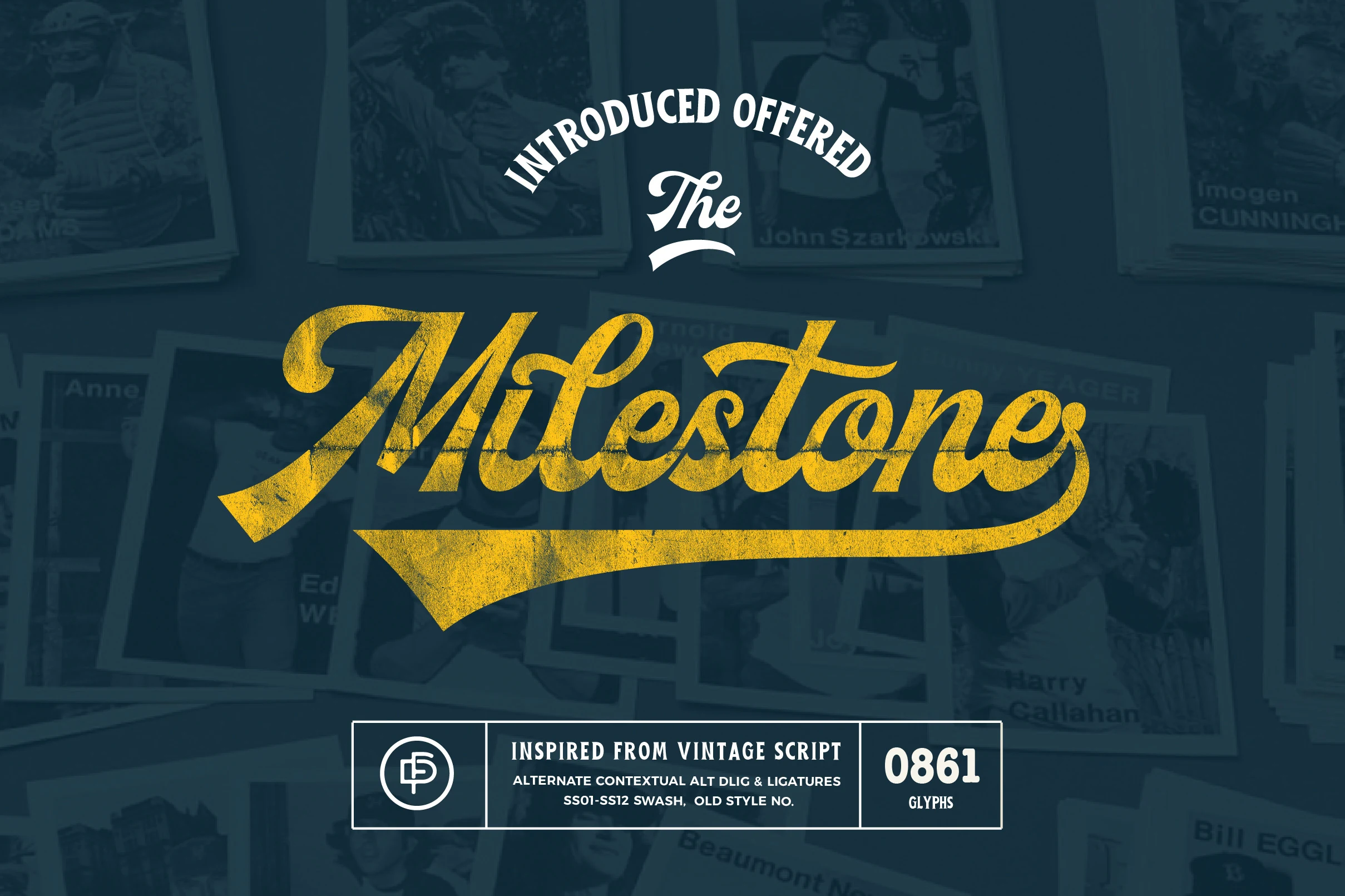 Milestone Font preview with distressed vintage script lettering, bold swashes, and a long baseball-style underline