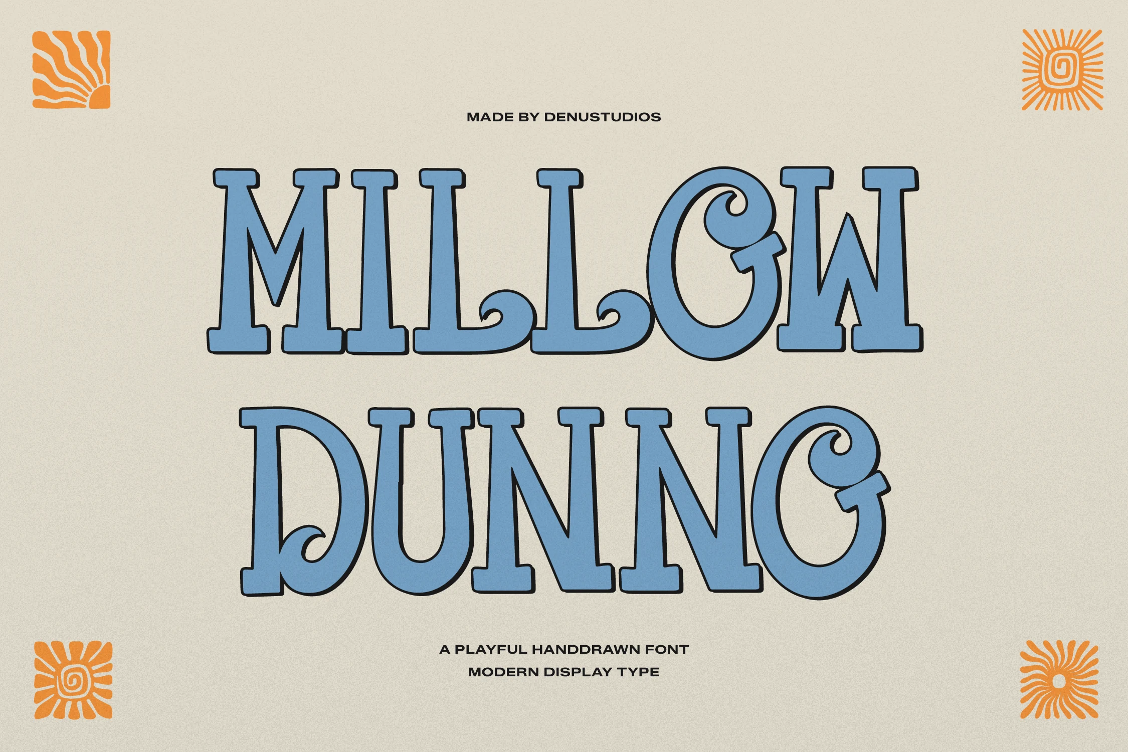 Millow Dunno Font preview with chunky blue retro slab serif letters and curled terminals
