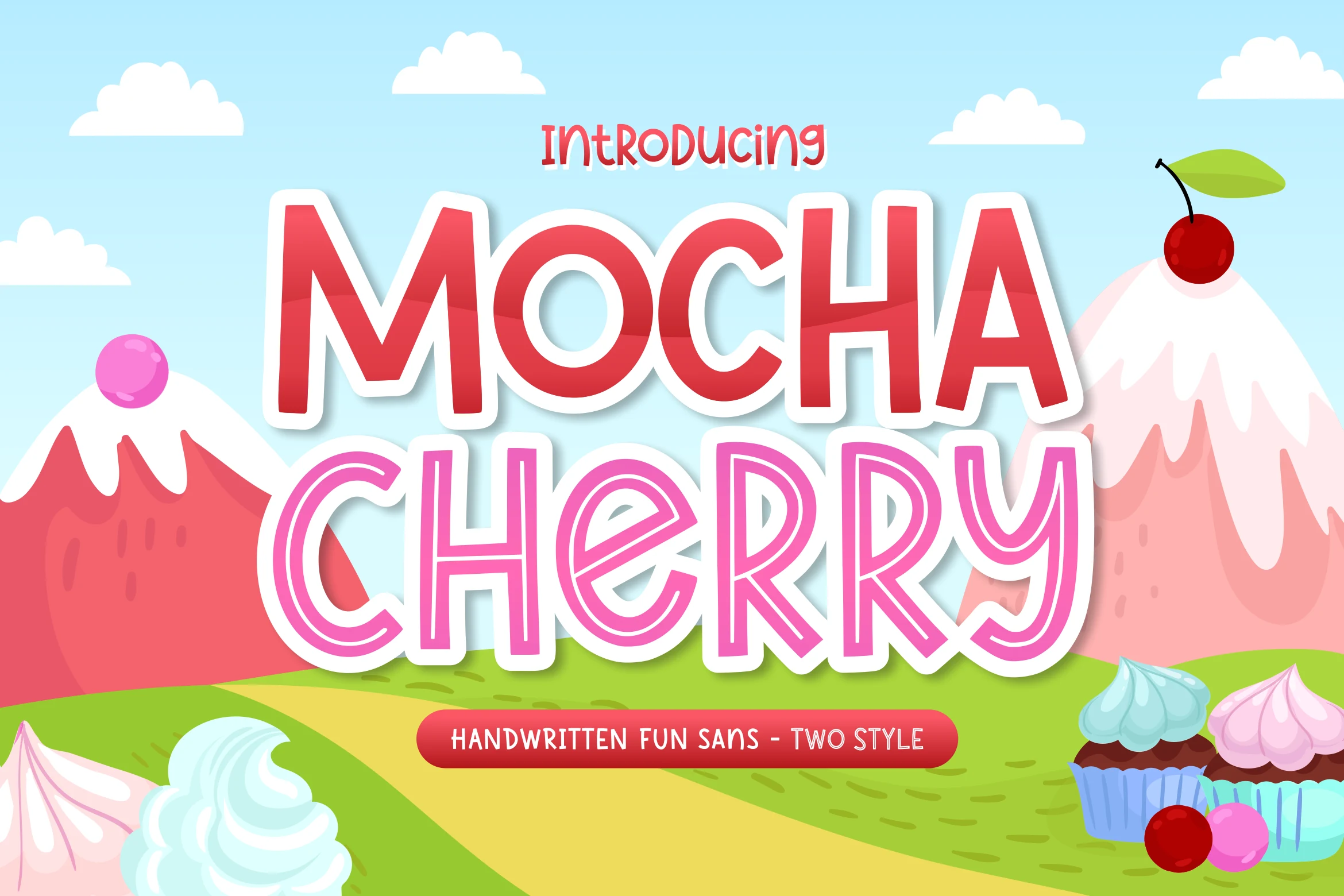 Mocha Cherry Font preview with bold red and pink playful display letters