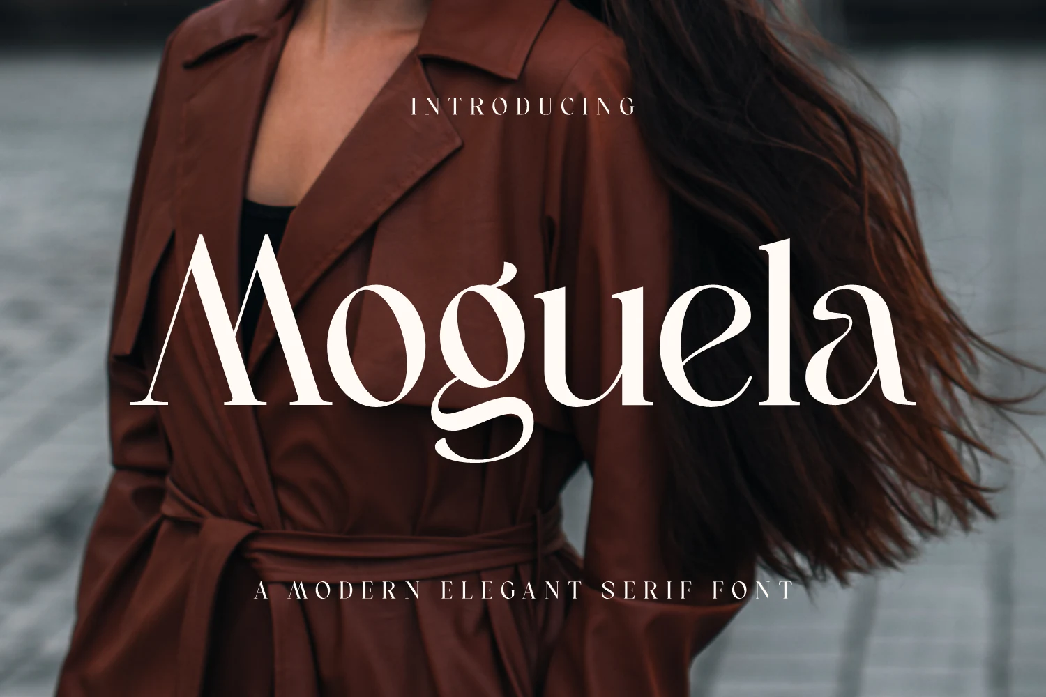 Moguela Font preview with elegant high-contrast serif lettering over a fashion portrait