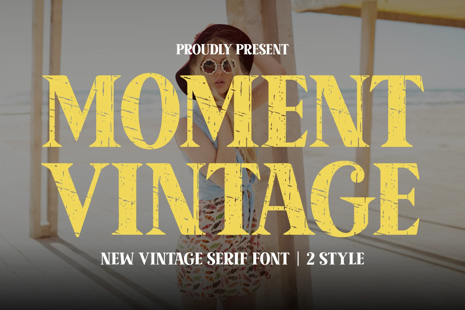 Moment Vintage Font preview with distressed yellow serif lettering