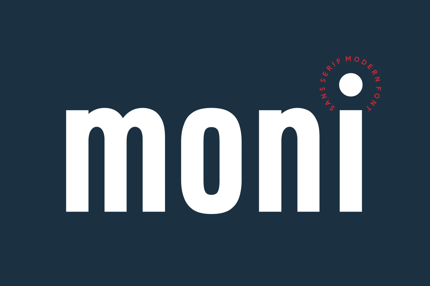 Moni Font preview with bold condensed sans serif lettering and a circular dot on the i