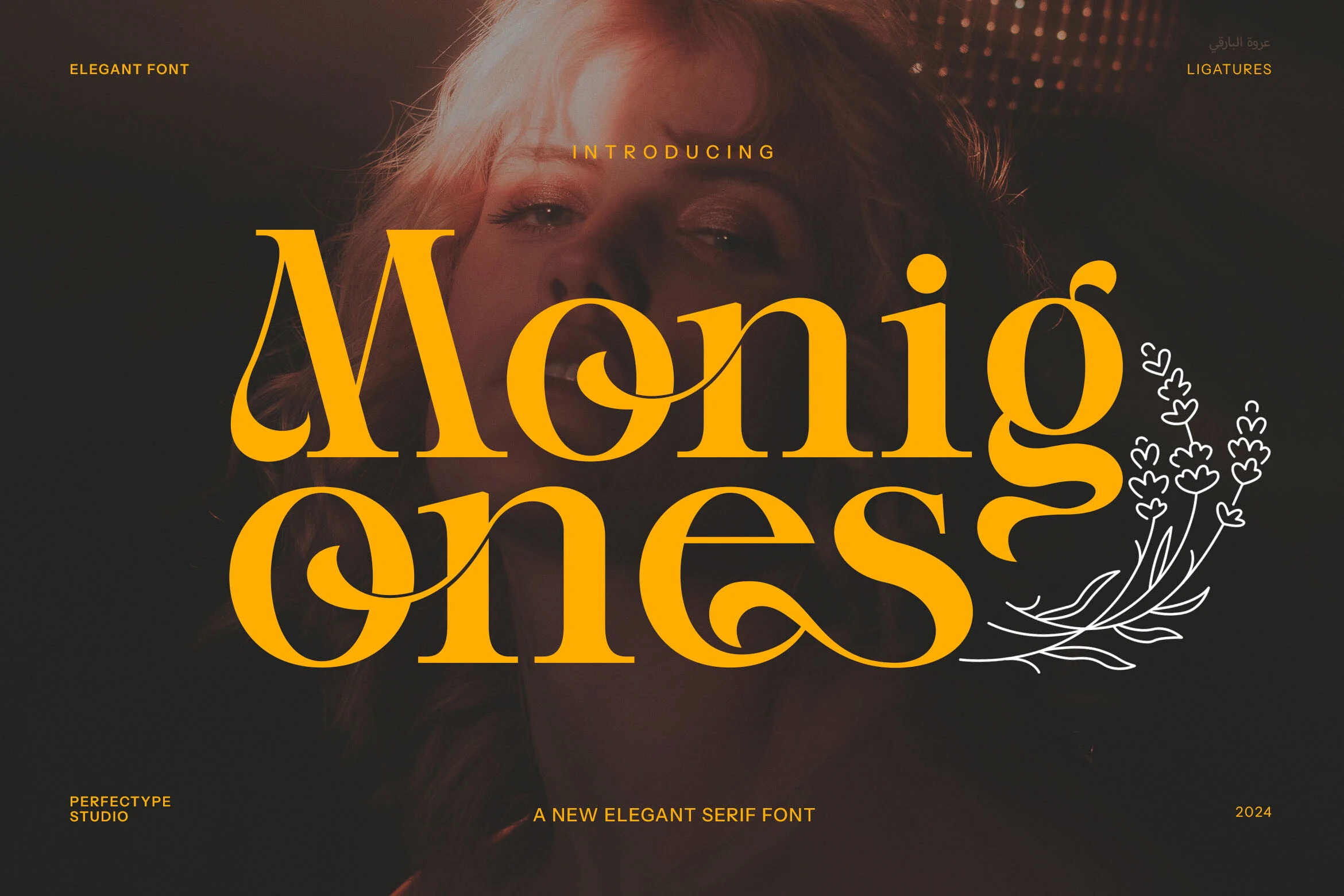 Monigk Ones Font preview with orange high-contrast serif letters, rounded curves, and swash terminals