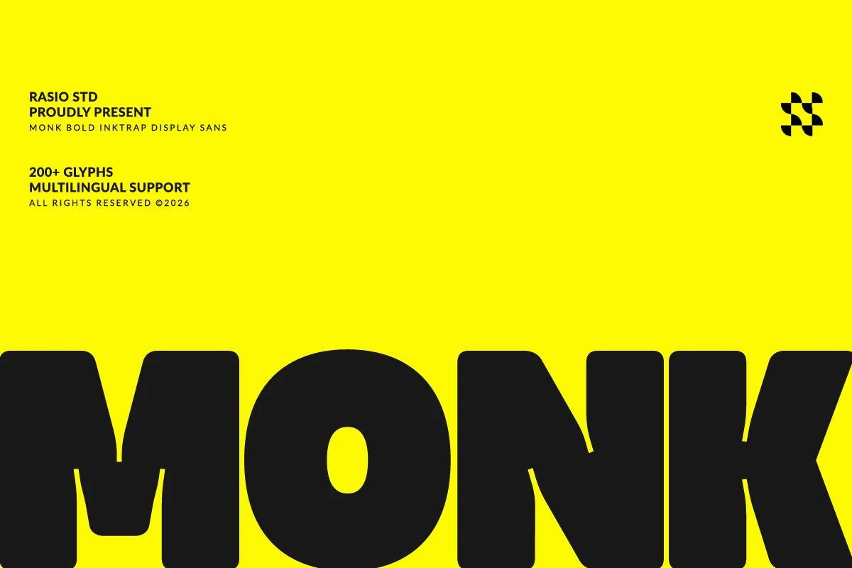 Monk Font preview with oversized black inktrap display sans lettering on yellow background
