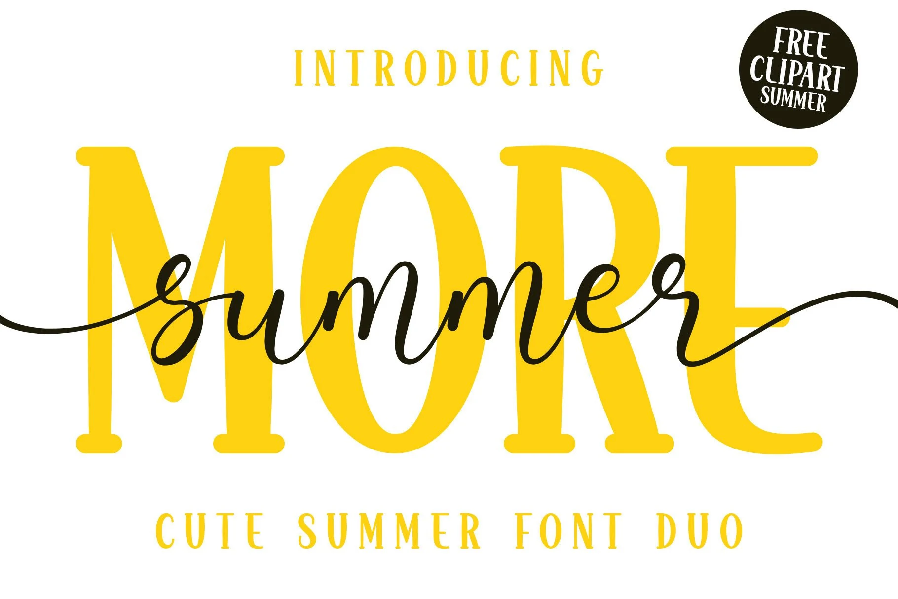 More Summer Duo Font preview with bold yellow serif capitals and a black flowing script overlay