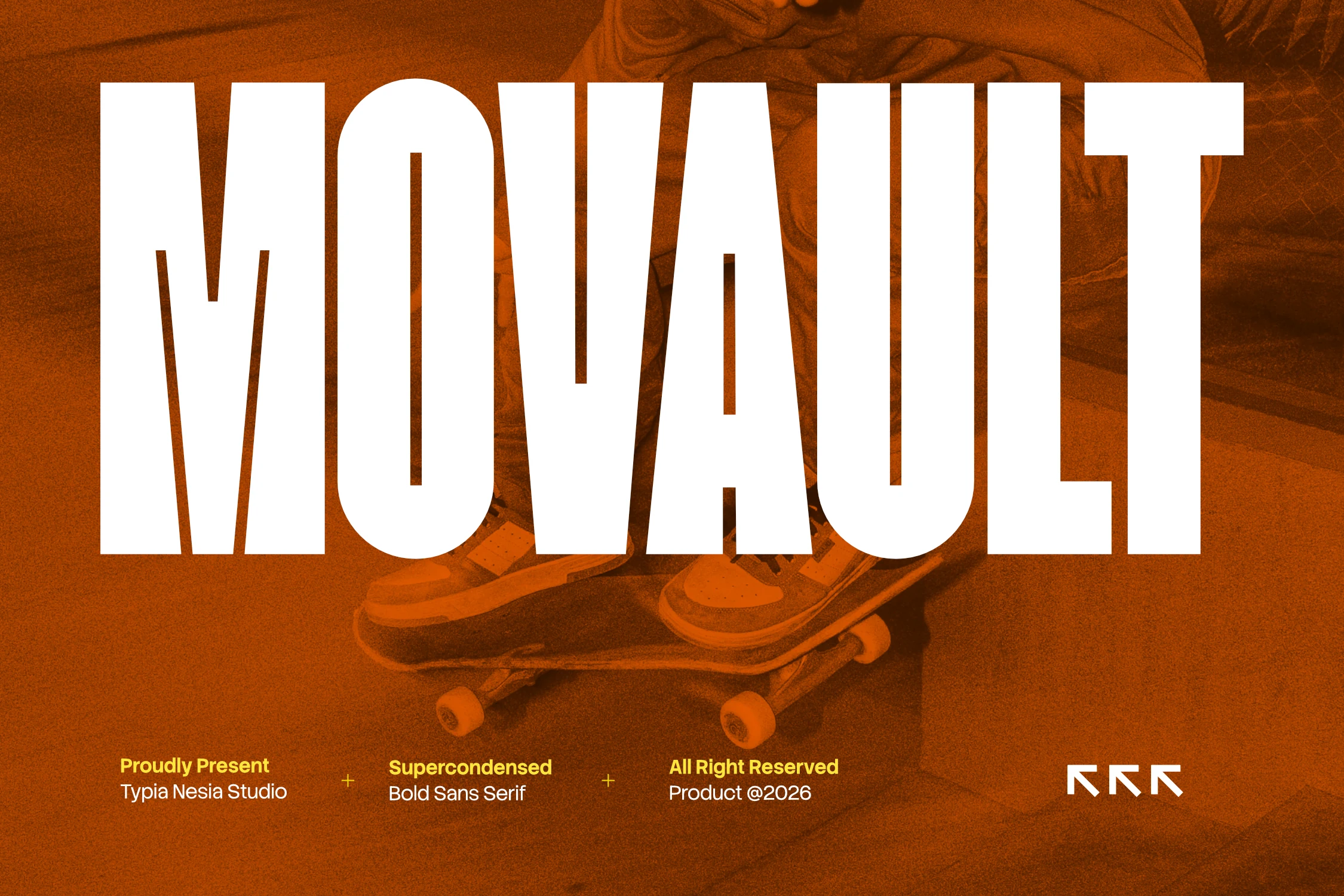 Movault Font preview with bold super-condensed white sans serif lettering