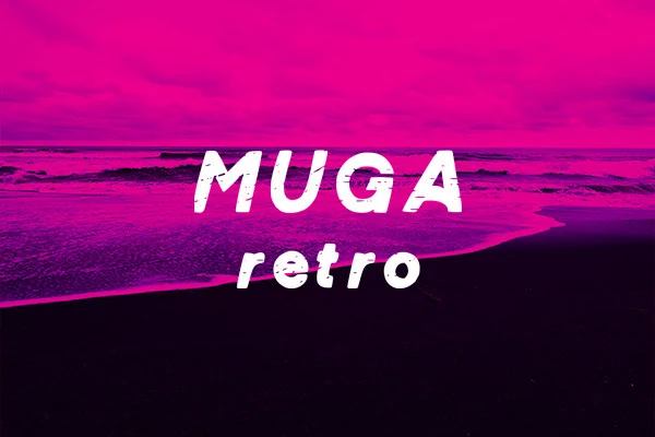 Muga Retro Font preview with bold white rough textured display lettering