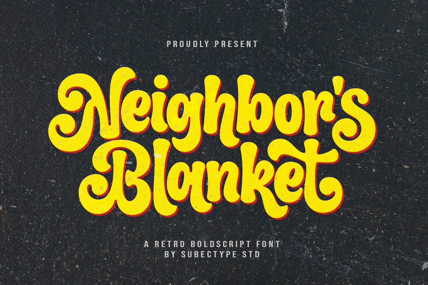 Neighbor's Blanket Font preview with bold yellow retro script lettering and rounded swashes