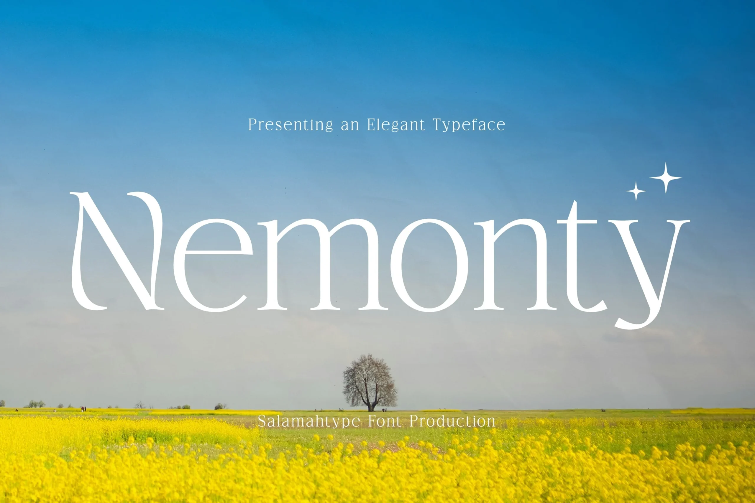 Nemonty Font preview with thin white serif lettering and airy minimalist curves
