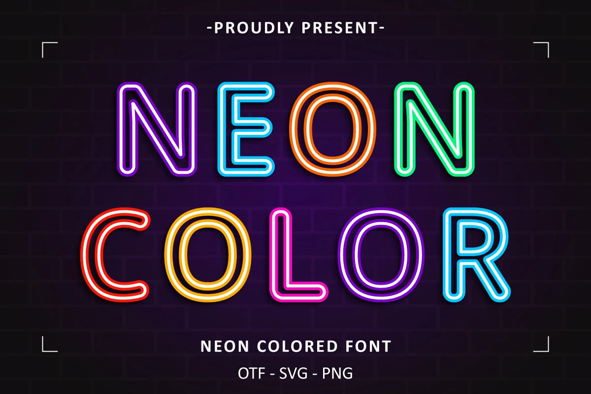Neon Colored Font preview with glowing multicolor neon letters on a dark brick wall