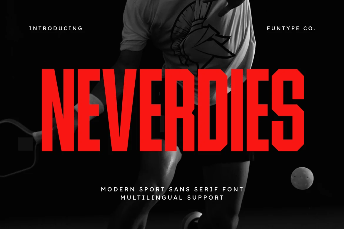 Neverdies Font preview with red condensed block sport sans serif lettering