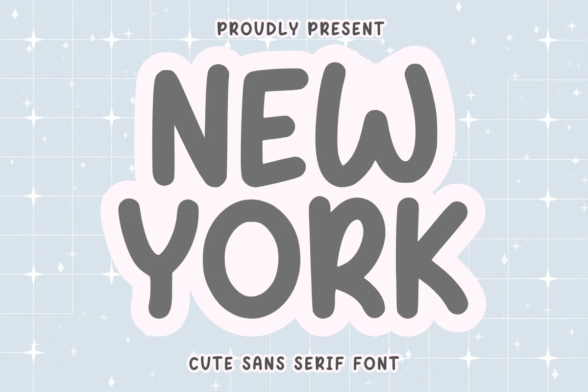 New York Font preview with chunky rounded sans serif letters and a soft sticker-style outline