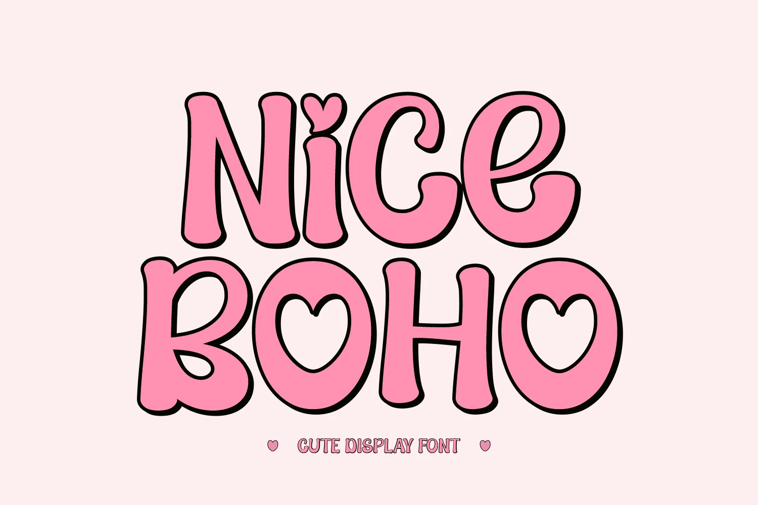 Nice Boho Font preview with rounded pink retro letters and heart-shaped details