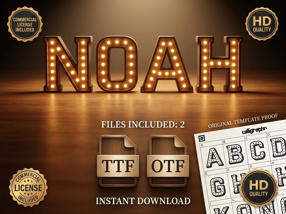 Noah Font preview with bold marquee slab serif letters and glowing bulb display style