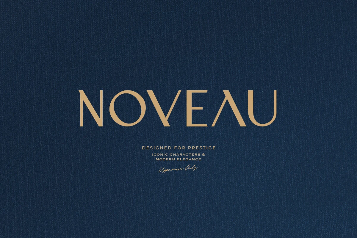 Noveau Font preview with elegant gold uppercase lettering and an art deco feel