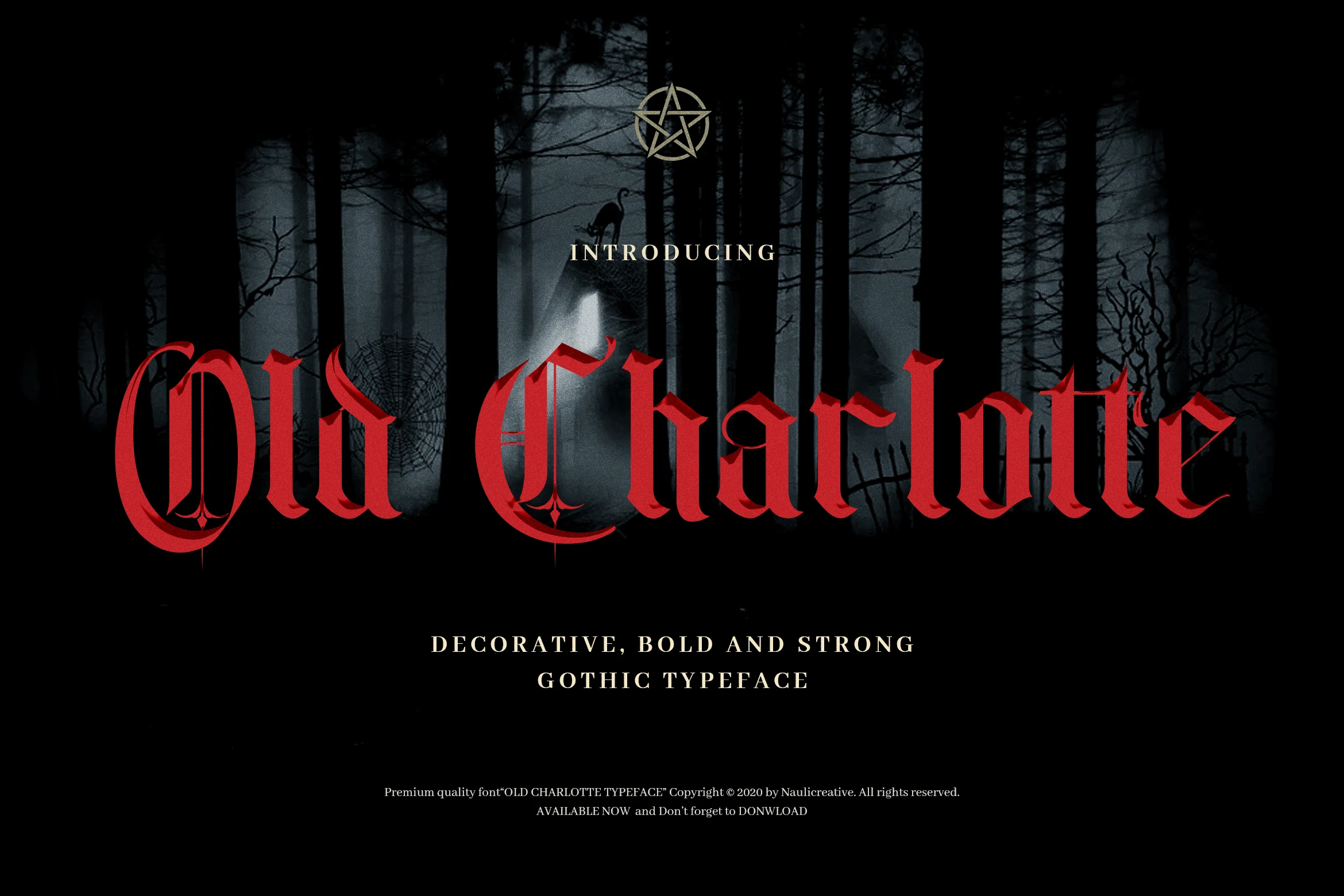 Old Charlotte Font preview with bold red blackletter lettering and sharp gothic details