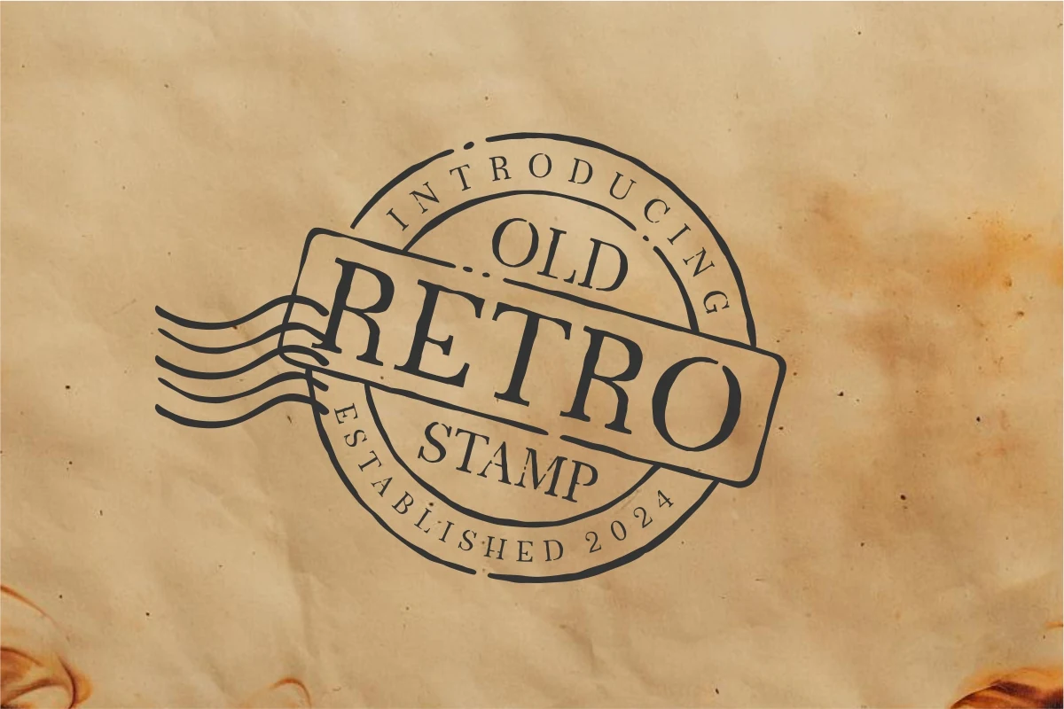Old Retro Stamp Font preview with vintage serif stamp lettering on aged paper