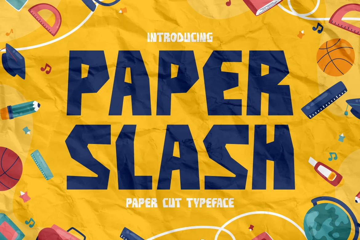 Paper Slash Font preview with bold angular blue paper-cut letters on a yellow background