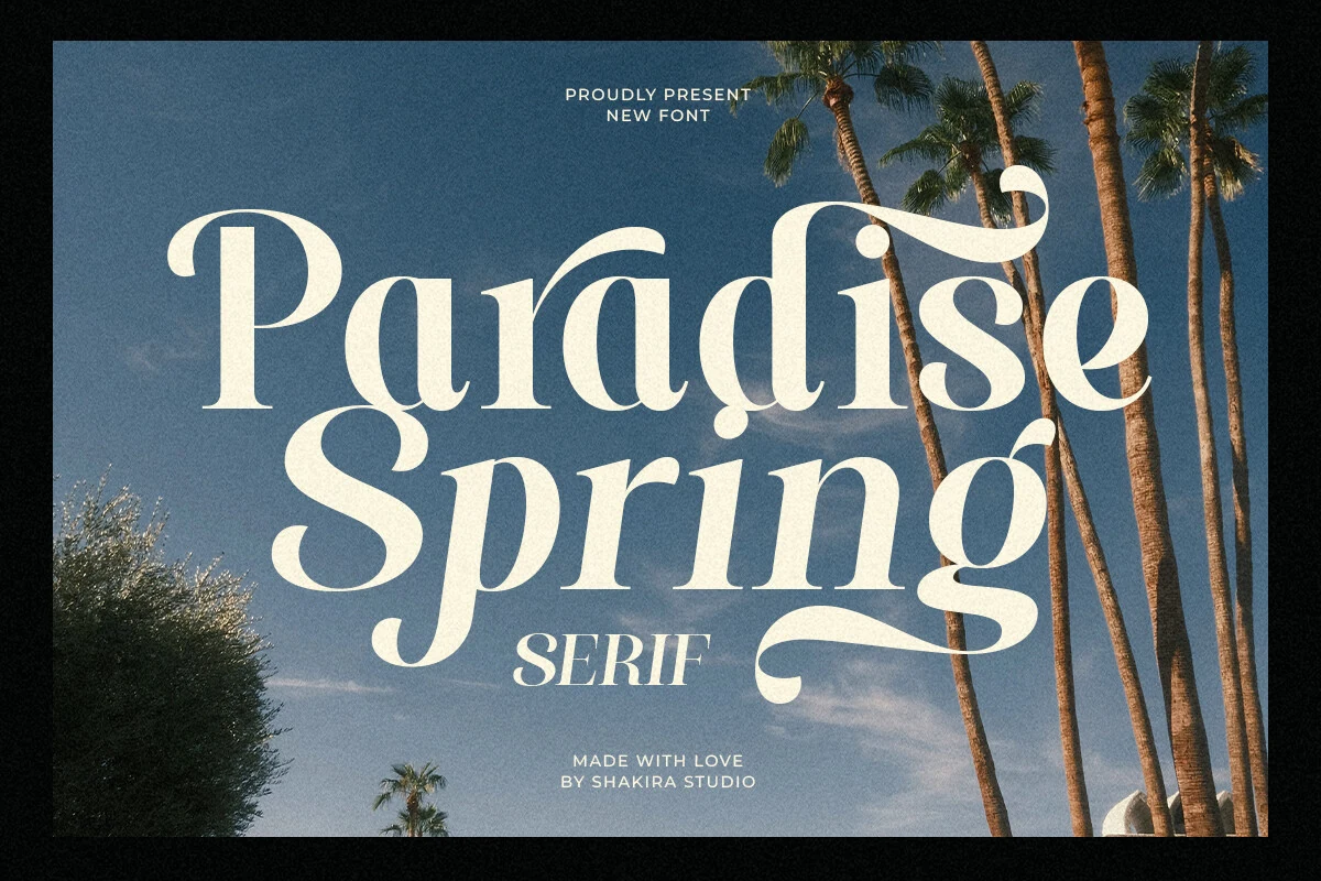 Paradise Spring Font preview with cream retro serif lettering, high contrast strokes, and flowing swashes