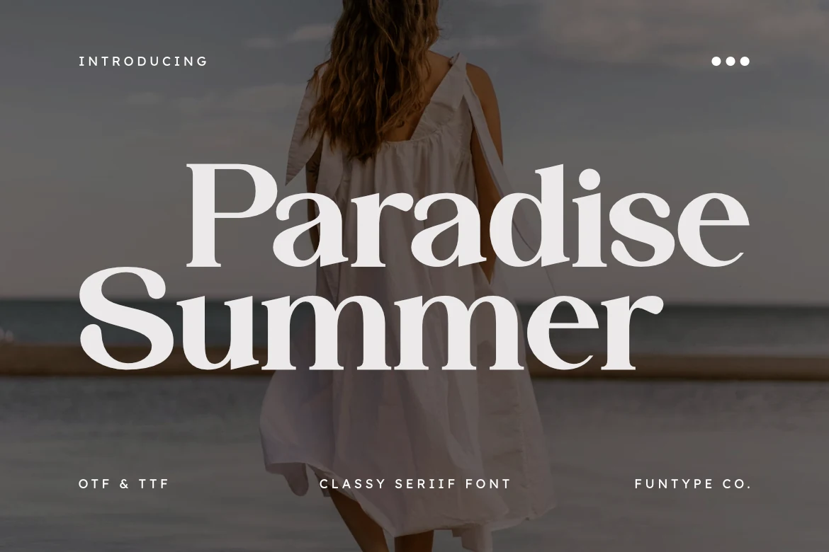 Paradise Summer Font preview with white high-contrast serif lettering over a muted beach photo