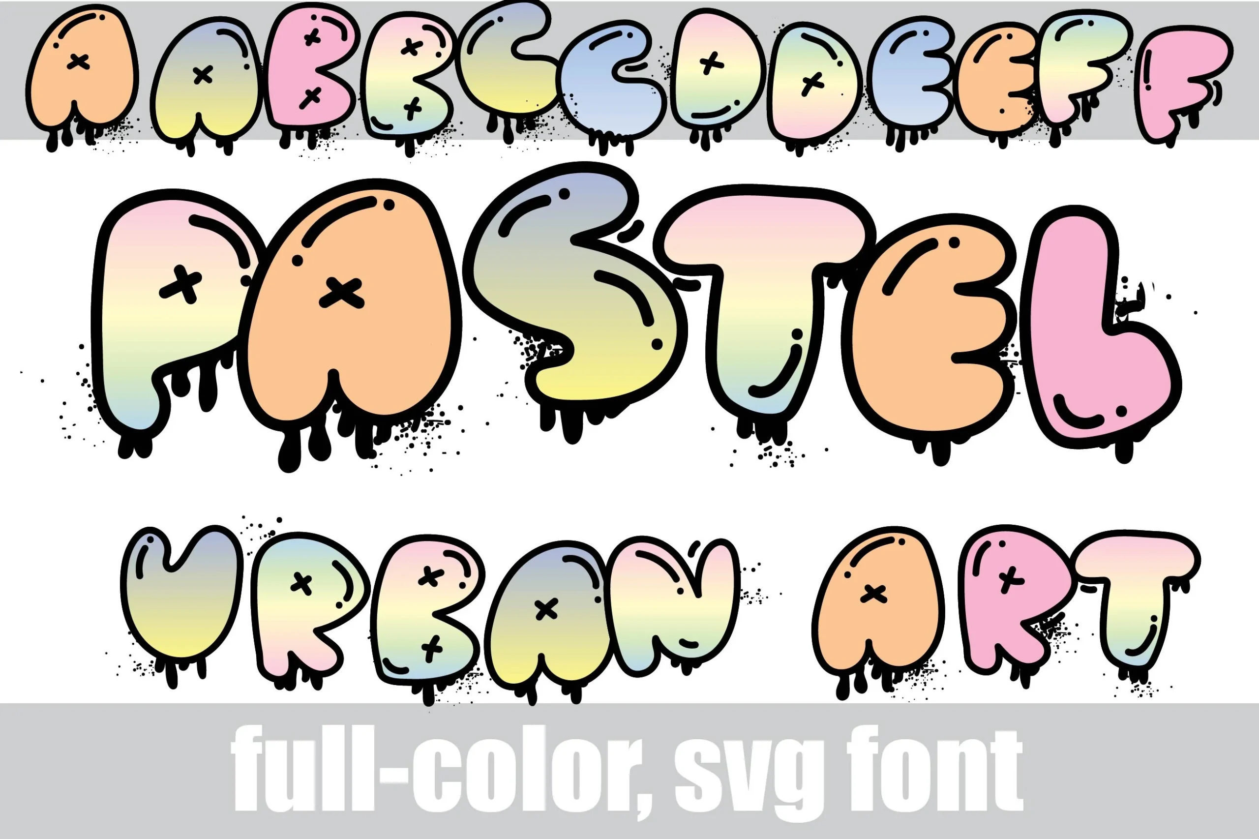 Pastel Urban Art font preview with pastel graffiti bubble letters, black outlines, and dripping SVG texture
