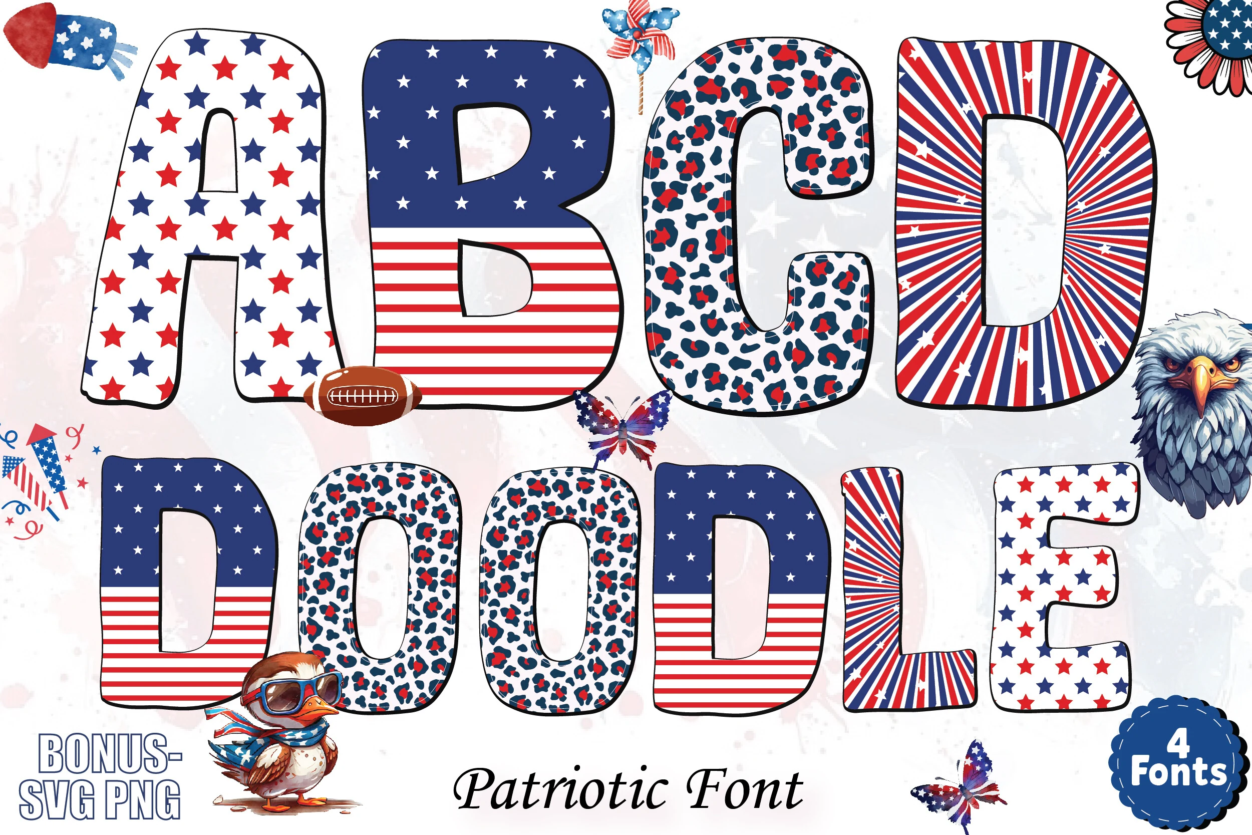 Patriotic Font preview with red, white, and blue patterned block letters and black outlines