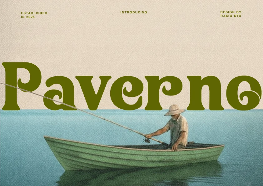Paverno Font preview with bold olive retro serif letters and curled terminals