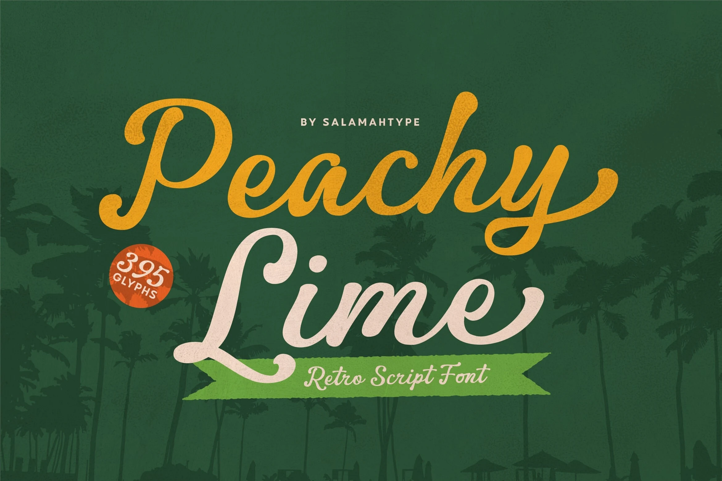 Peachy Lime Font preview with flowing retro script lettering in yellow and cream