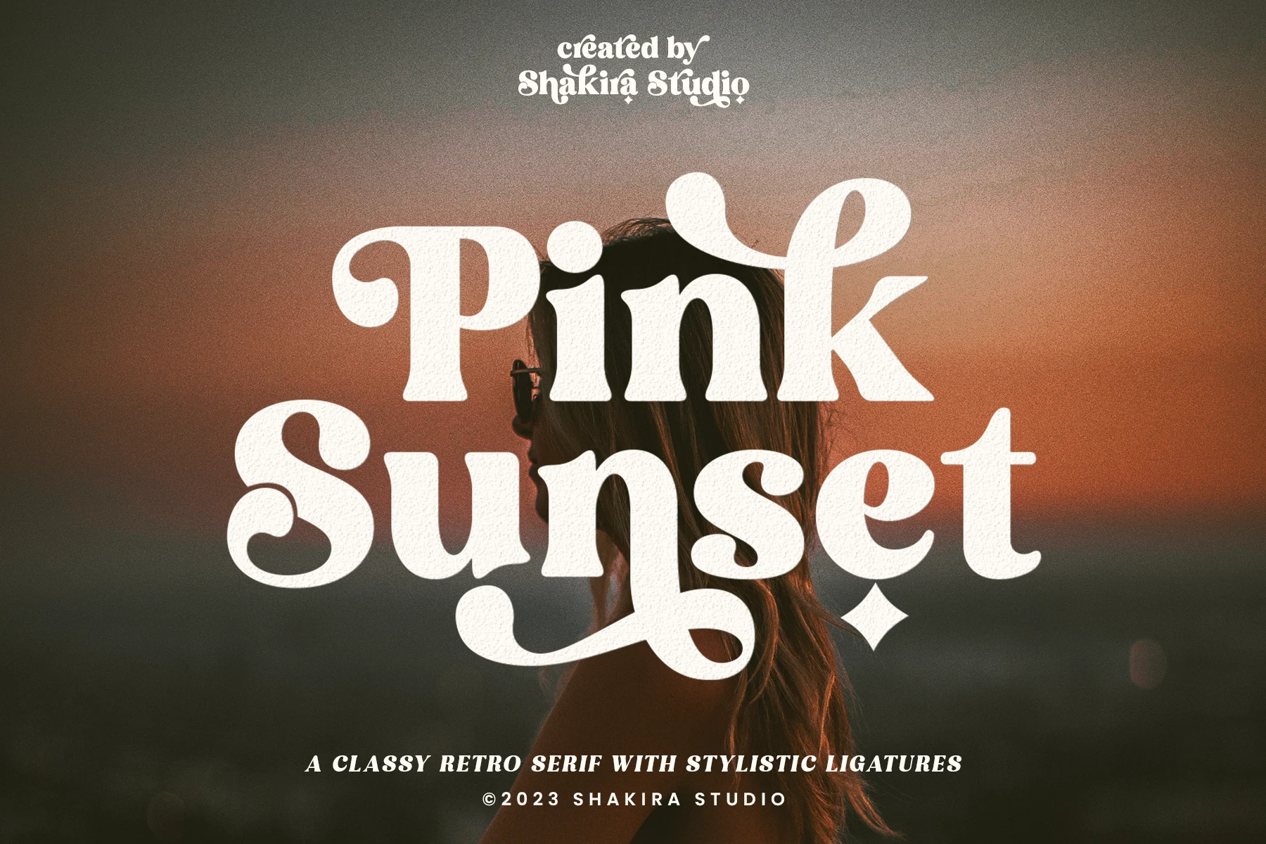 Pink Sunset Font preview with chunky white retro serif lettering, rounded curls, and playful swashes