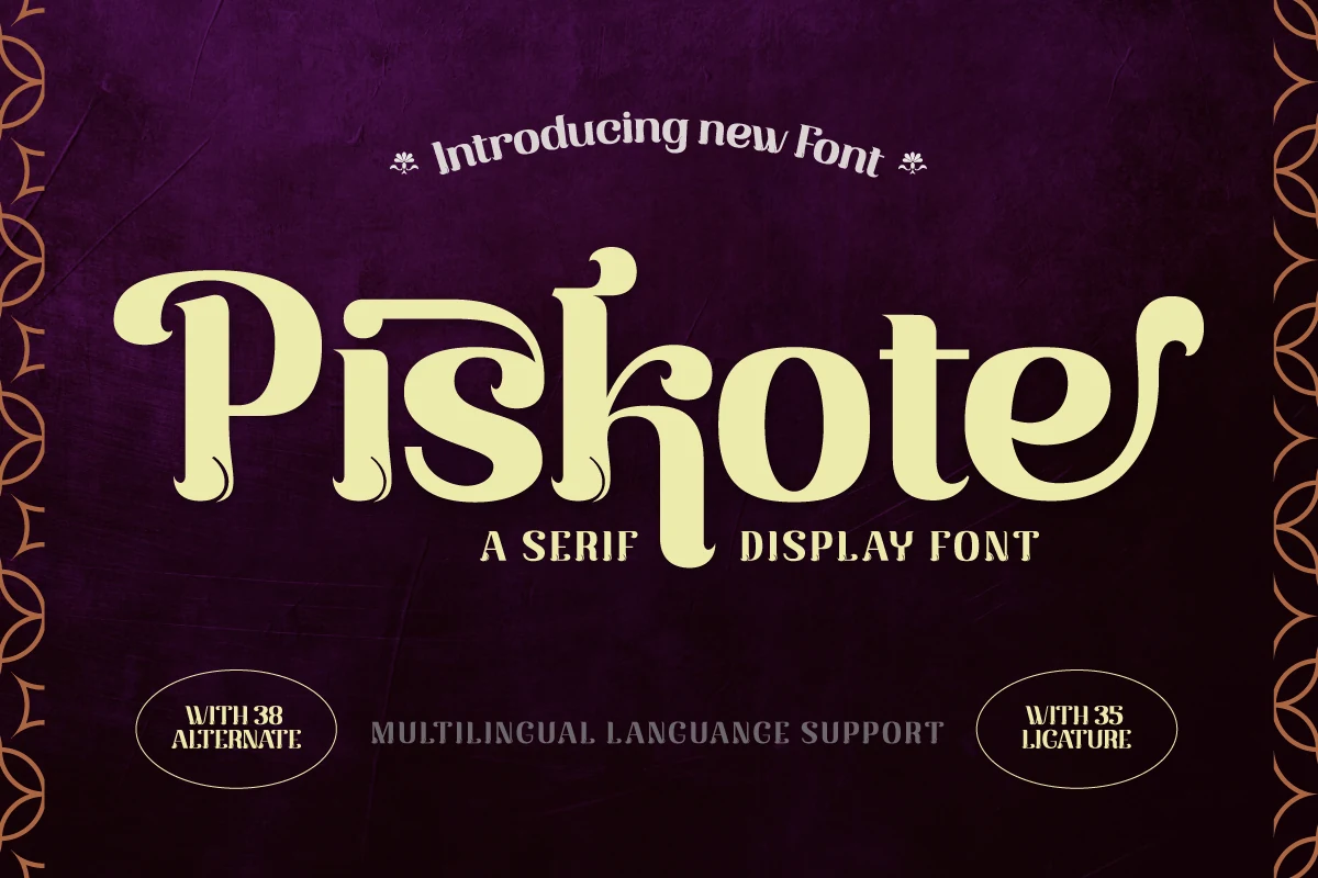Piskote Font preview with decorative serif display lettering