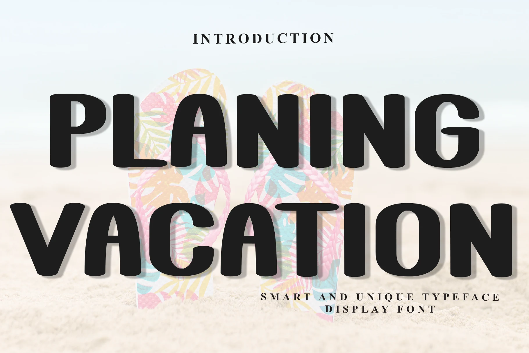 Planing Vacation Font preview with bold black rounded display lettering and a clean beach-themed layout