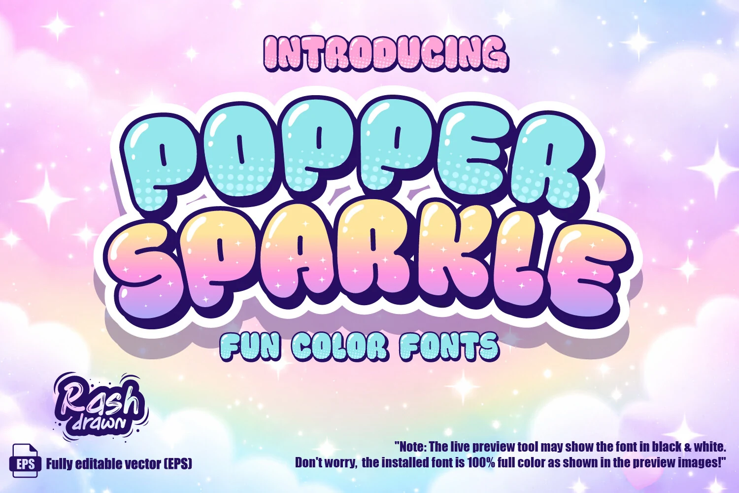 Popper Sparkle Font preview with glossy colorful bubble letters, pastel gradients, and dark outline
