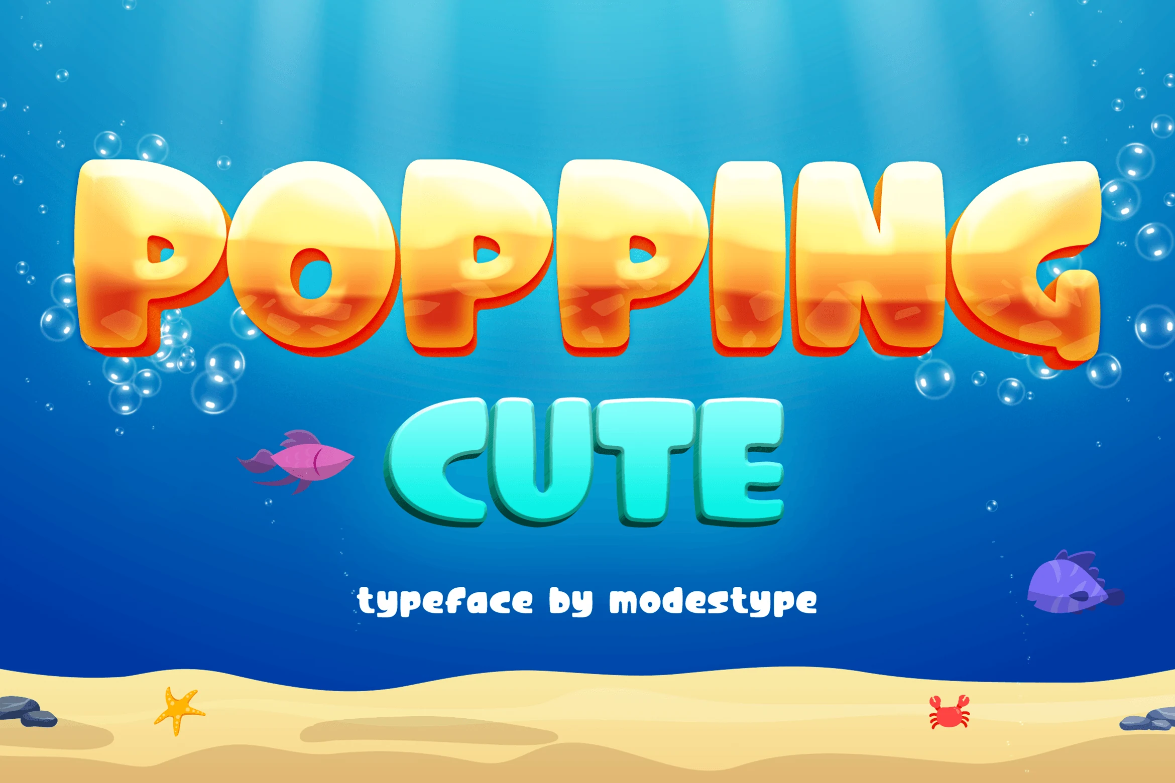 Popping Cute Font preview with glossy rounded 3D sans serif letters